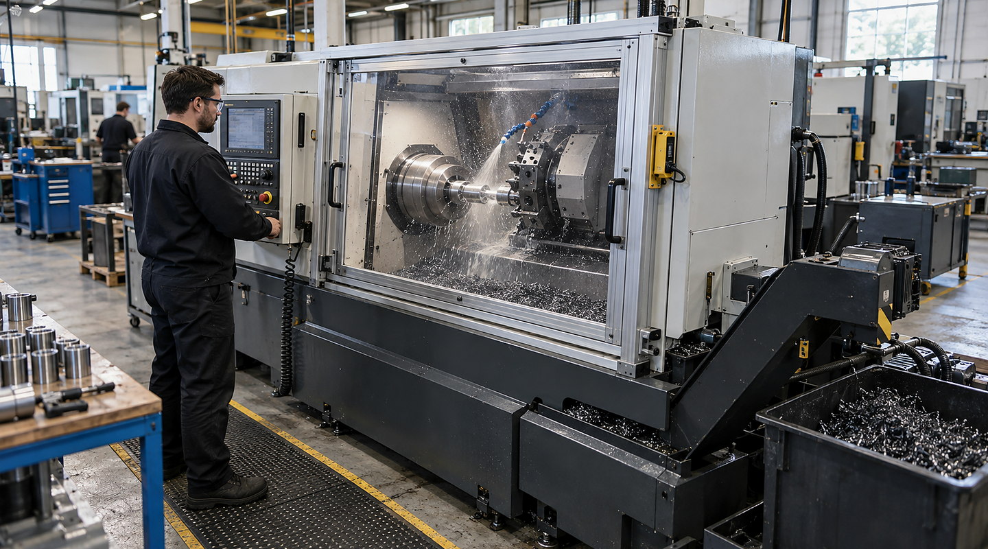 A CNC turning cell in use with an engineered sliding guard, clear viewing panel, coolant containment and operator loading position.